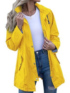 Womens Yellow Hooded Striped Lined Waterproof Active Hiking Packable Rain Jacket